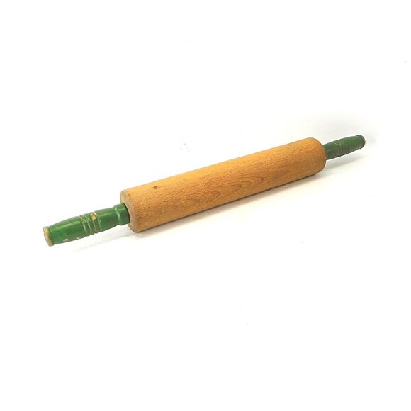Vintage Wooden Rolling Pin With Green Handles - Picture 1 of 5
